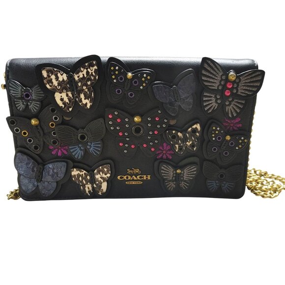 Coach New York Butterfly Appliqué Crossbody Bag Black Leather Gold Chain Strap - Picture 1 of 14